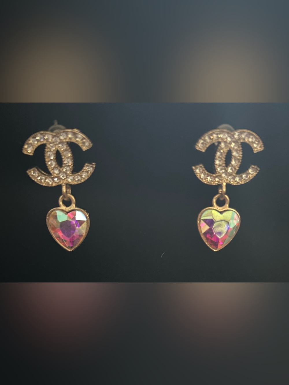 Heart Drop Earrings with Iridescent Pink Stones
